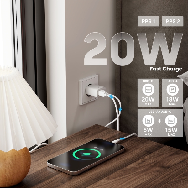 Carregador de parede Ewent USB-C/PD + USB-A/QC 20 W - Branco