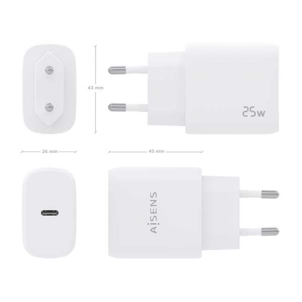 Aisens Carregador USB-C PD3.0 1 Porto 1xUSB-C 25W - Cor Branco