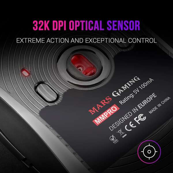 Rato ambidestro profissional Mars Gaming MMPRO 32K DPI - Design ambidestro ultraleve - Iluminação Chroma RGB - Interruptores mecânicos KAILH - Cabo Feather Paracord - Preto