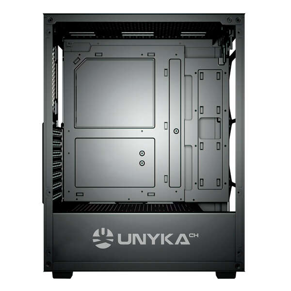 Caixa para jogos Unykach MIR 100 ATX, Micro ATX, ITX - Painel lateral em vidro temperado - USB-A 2.0, 3.0 e áudio - 4 ventoinhas ARGB de 120 mm pré-instaladas - Compatível com refrigeração líquida