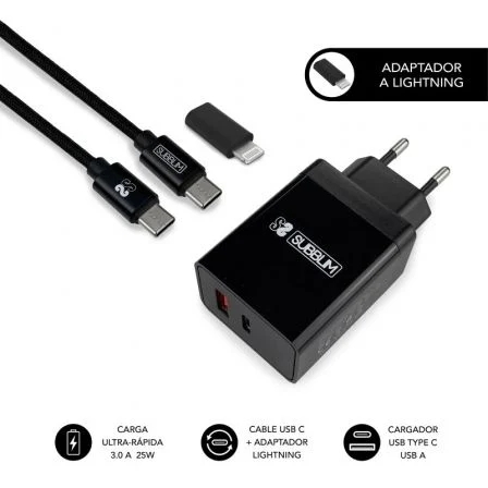 Carregador residencial Subblim de 2 portas - 25 W - PD 3.0/2.0/Quick Charge 3.0 4.0 2.0 - Carregamento rápido - Cabo USB C reversível - Preto