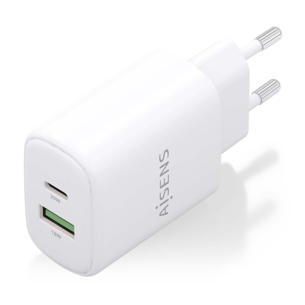 Carregador Aisens GaN 20W - 1xUSB-C PD3.0 - 1xUSB-A QC3.0 - Branco