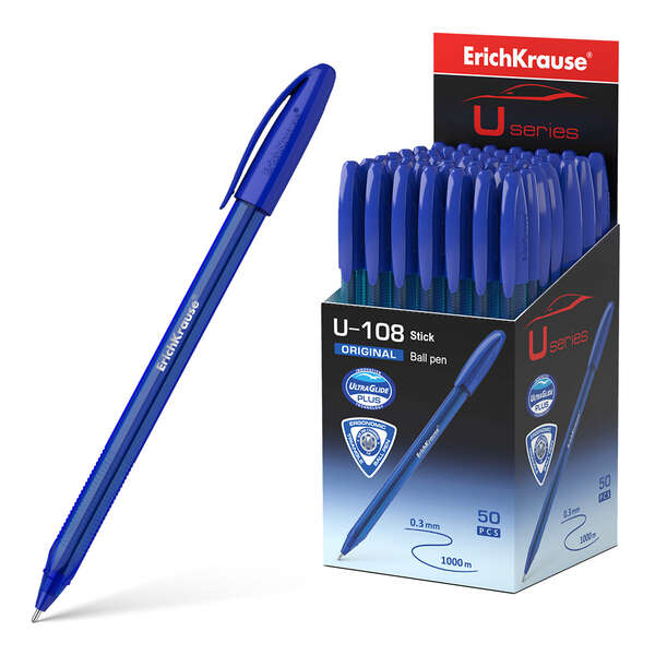 Caixa 50 Canetas Esferográfica Erichkrause U-108 Classic - Caneta Esferográfica de 1,0 mm - Curso de 0,3 mm - Tampa Ventilada - Corpo Translúcido e Colorido - Tecnologia Ultra Glide - Azul