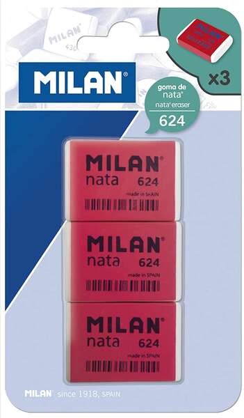 Milan Nata 624 Pack de 3 Borrachas Retangulares - Plástico - Macio - Não Abrasivo - Vermelho/Branco