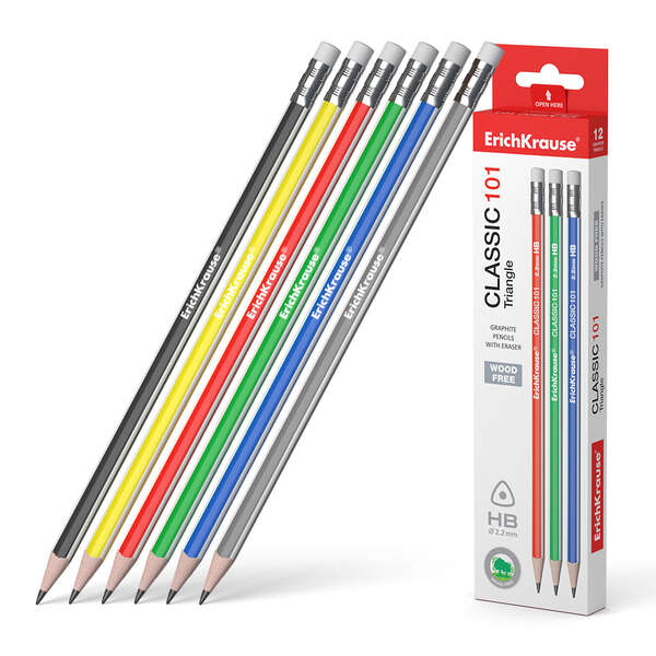Caixa 12 unidades Erichkrause Classic 101 Lápis de grafite plástico triangular com borracha - cores sortidas