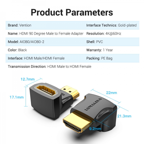 Vention HDMI Macho para HDMI Fêmea Adaptador 90° 4K - Preto
