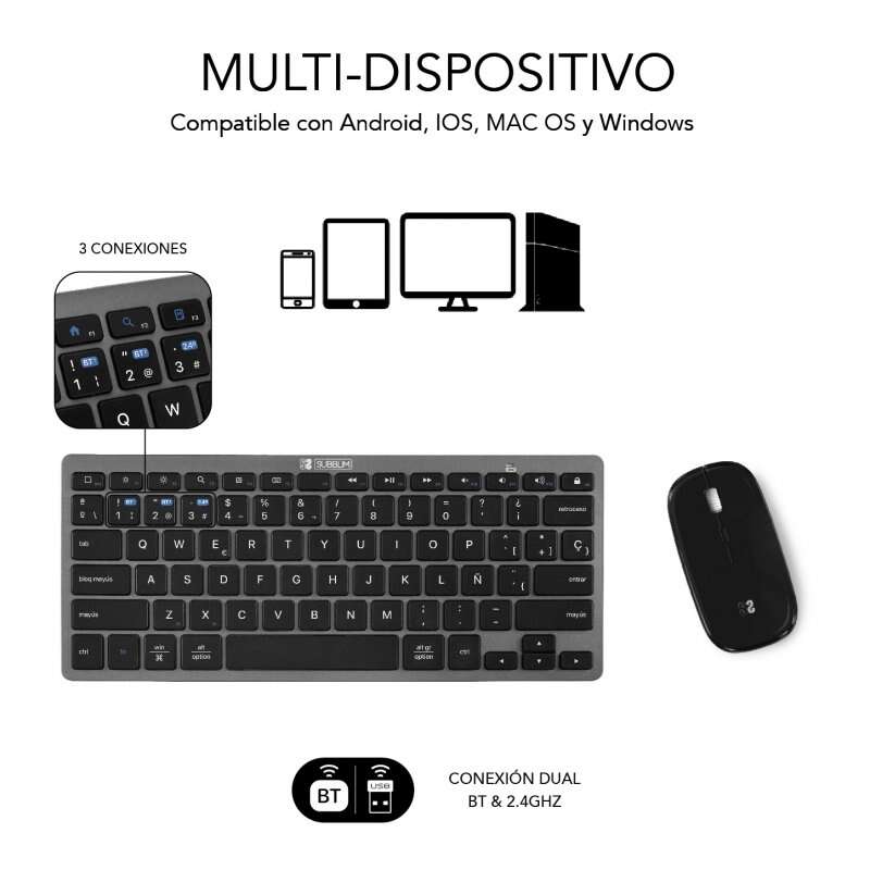 Subblim Multi-Device Combo - Teclado e Rato - Bluetooth e Tecnologia Sem Fios 2.4G - Rato com Bateria Recarregável e 3 Níveis de DPI Ajustáveis ​​​​- Preto