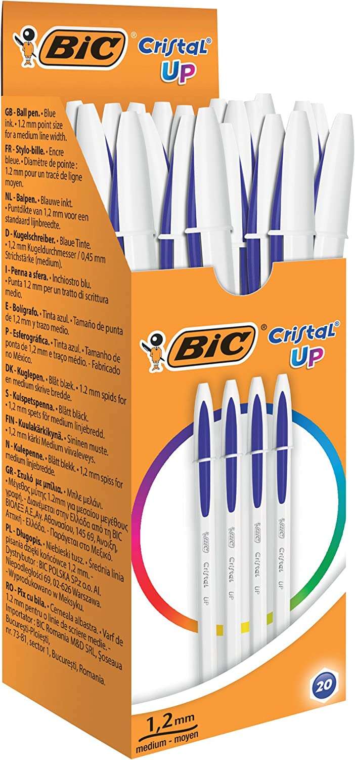 Caixa 20 Canetas Esferográfica Bic Cristal Up - Ponta 1,2 mm - Tinta à base de óleo - Corpo branco - Azul