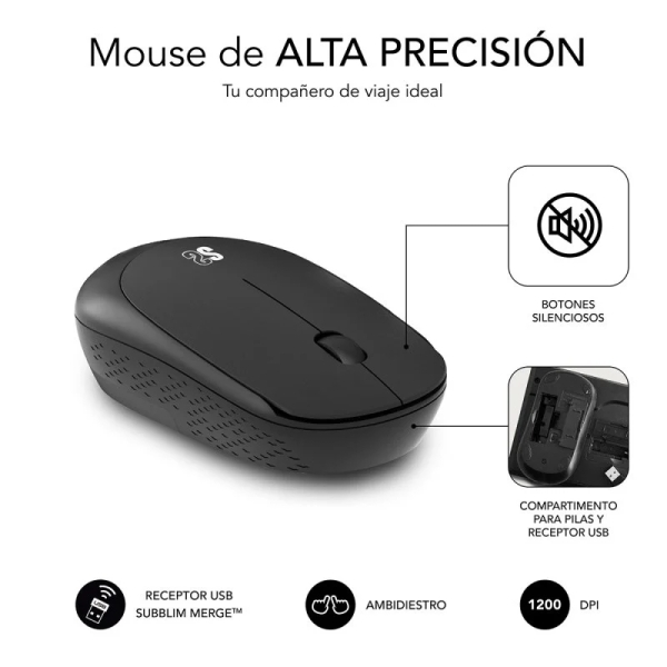 Subblim Combo Business Slim Silencioso 2.4G Wireless - Teclado e Rato Ergonómicos - Ligação Plug & Play - Resistente a Derrames - Teclas Silenciosas - Preto