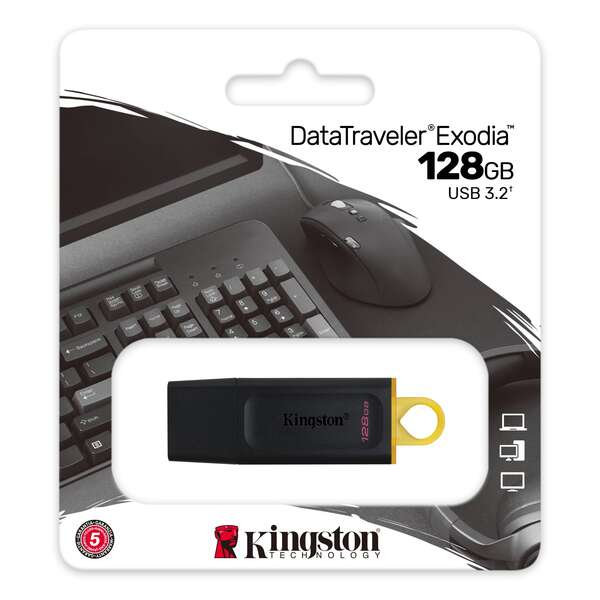 Pendrive Kingston DataTraveler Exodia 128 GB - USB 3.2 Gen 1 - Compatível - Clip para Porta-Chaves - Preto (Pendrive)