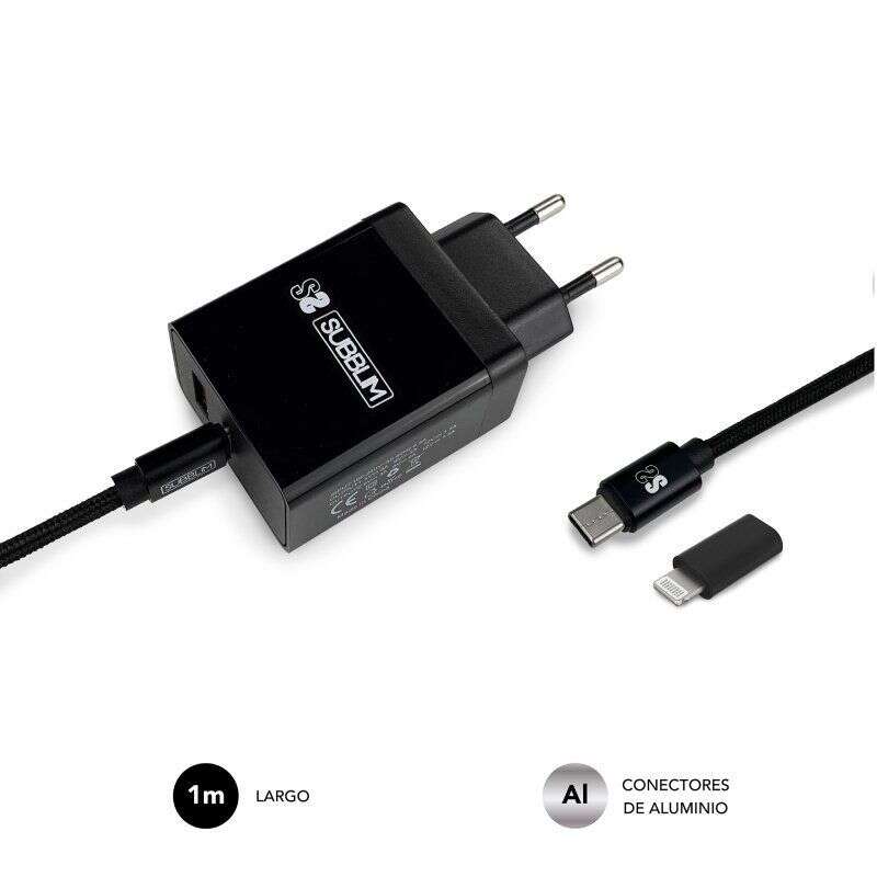 Carregador residencial Subblim de 2 portas - 25 W - PD 3.0/2.0/Quick Charge 3.0 4.0 2.0 - Carregamento rápido - Cabo USB C reversível - Preto