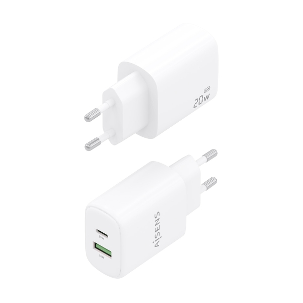 Carregador Aisens GaN 20W - 1xUSB-C PD3.0 - 1xUSB-A QC3.0 - Branco