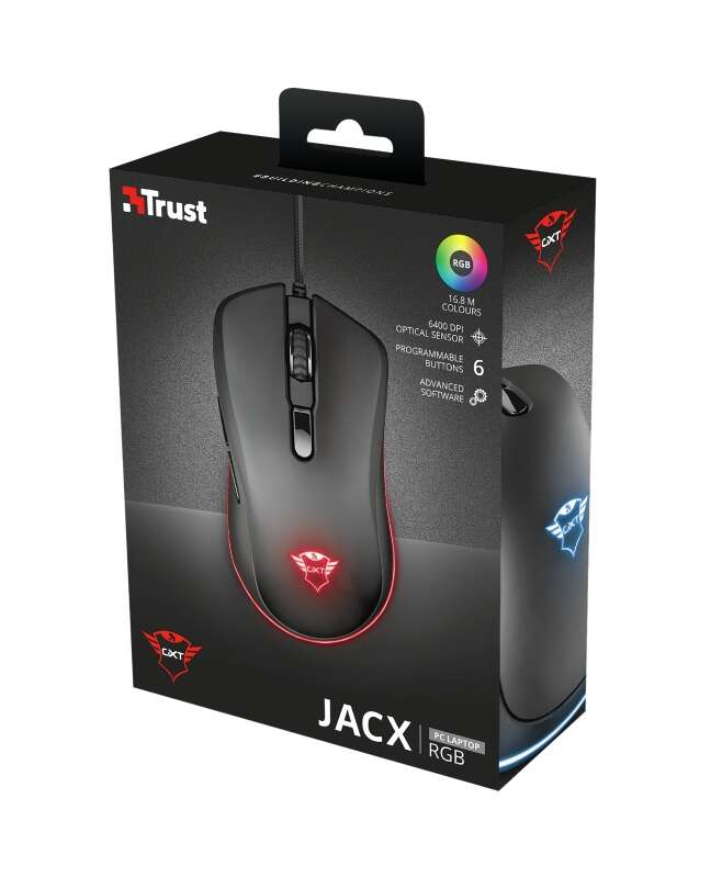 Rato USB Trust Gaming GXT 930 Jacx 6400 dpi - 5 botões programáveis ​​​​- Iluminação RGB - Cabo entrançado de 1,80 m - Utilização para destros - Preto