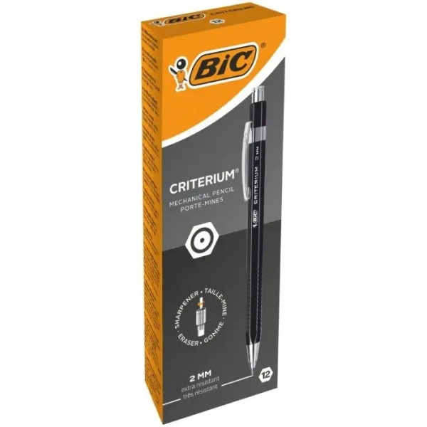 caixa 12 Lápis portaminas Bic Criterium 2mm HB com Borracha - Ponta Retrátil - Clipe em Metal - Corpo Preto