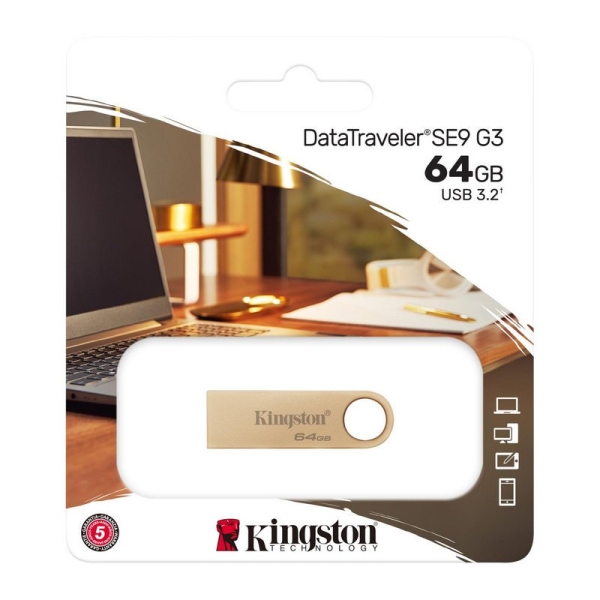 Pen Drive Kingston DataTraveler SE9 G3 USB-A 3.2 Gen 1 64 GB - 220 MB/s de leitura - Design metálico - Cor dourada (Pen Drive)
