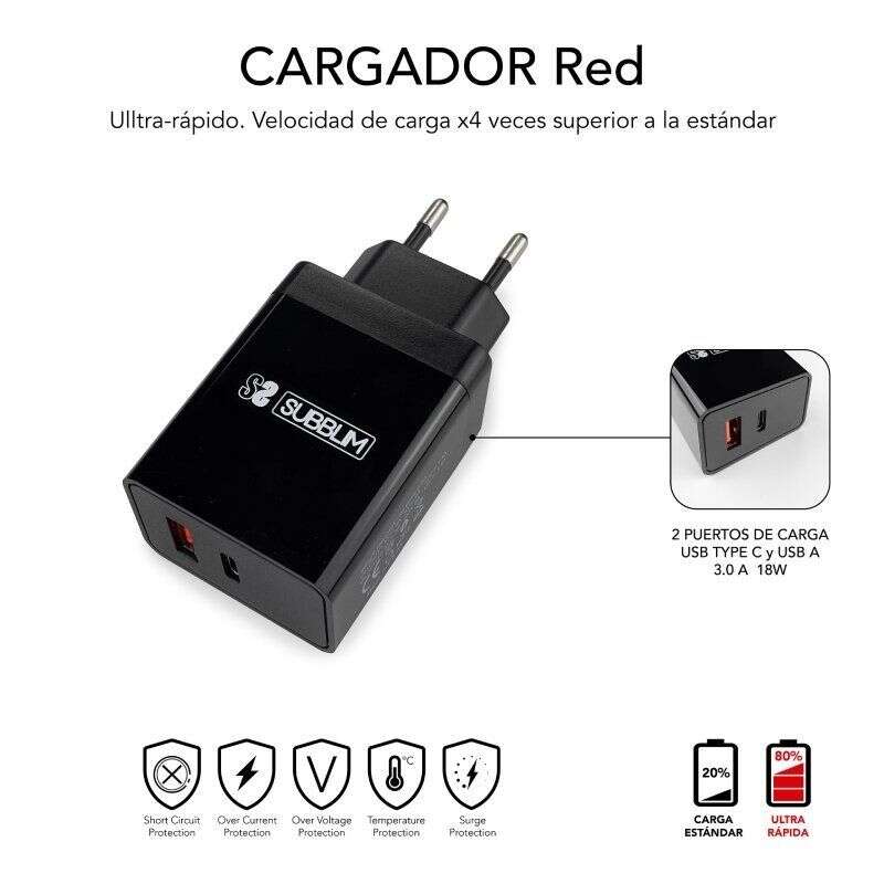 Carregador residencial Subblim de 2 portas - 25 W - PD 3.0/2.0/Quick Charge 3.0 4.0 2.0 - Carregamento rápido - Cabo USB C reversível - Preto