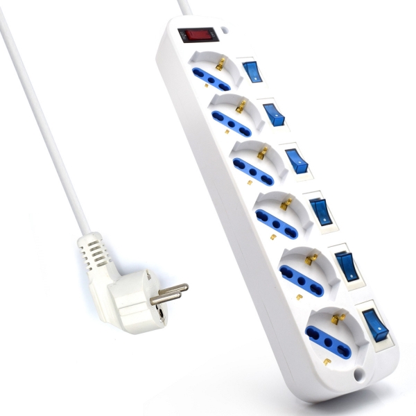 Tomada de linha Ewent - 6 tomadas - Versão Schuko - 16A com interruptor liga/desliga em cada porta - Protetor contra surtos - Cabo de 3 m. - Cor branca