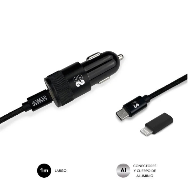 Carregador de isqueiro duplo Subblim PD20W + QC3.0 + cabo C para C/Lightning - Carregamento rápido - 2 portas USB C + USB A - Cabo USB C reversível com adaptador Lightning - Potência máxima de 20 W - Preto