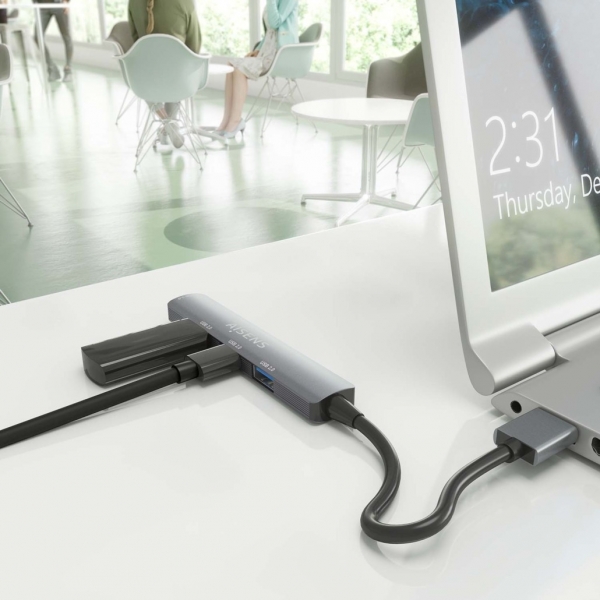 Hub USB Aisens Ultra Slim em Alumínio - 1xUSB3.0 + 3xUSB2.0 - Alta Velocidade 5 Gbps - Alimentado por Barramento USB - Cinzento