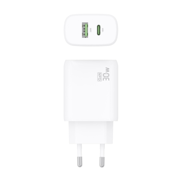 Carregador Aisens GaN 30W - 1xUSB-C PD3.0 QC4.0 - 1xUSB-A QC3.0 - Branco