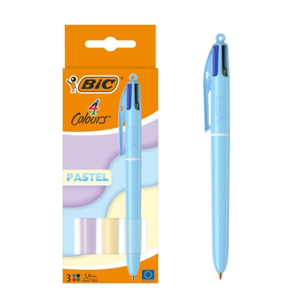 Bic 4 Cores Pastel Pack de 3 Canetas Esferográficas Retráteis - Ponta Média de 1,0 mm - Tinta à Base de Óleo - Corpo Pastel - 4 Cores
