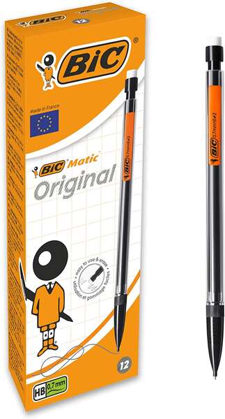 Caixa 12 Lápis portaminas Bic Matic Original Fine 0,7mm HB com Borracha - Ponta Retrátil - Corpo em Cores Sortidas