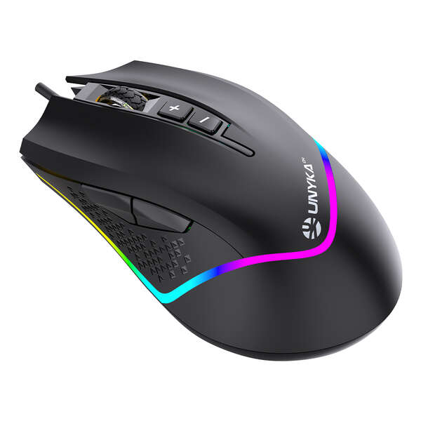 Rato gaming USB Unykach Nova M244 com iluminação RGB de 6400 dpi - 5 botões - Utilização para destros - Cabo de 1,50 m - Preto