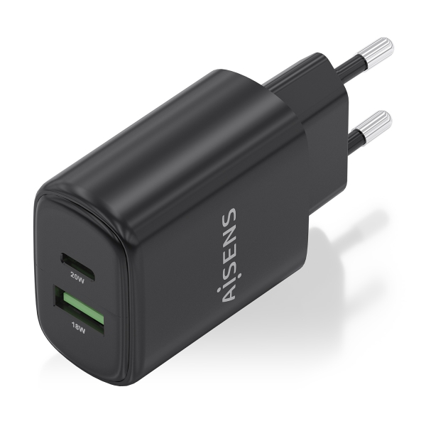 Carregador Aisens GaN 20W - 1xUSB-C PD3.0 - 1xUSB-A QC3.0 - Cor Preto