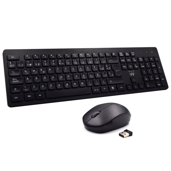 Ewent 2,4 Hz KB+MOUSE Wireless Package - Teclado de escritório em Espanhol com 13 teclas multimédia - Rato de viagem - 1000 dpi - Receptor USB-A - 2 pilhas AA (incluídas) - Preto