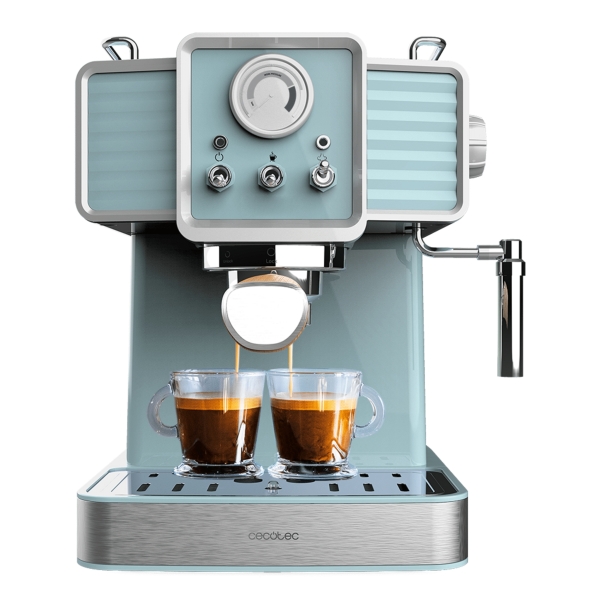Máquina de café expresso Cecotec Power Espresso 20 Tradizionale Azul Claro - 1350W - 20 Bar - Manómetro - Bocal de vapor ajustável - Capacidade de 1,5L - Estilo vintage - Aço inoxidável - Azul claro