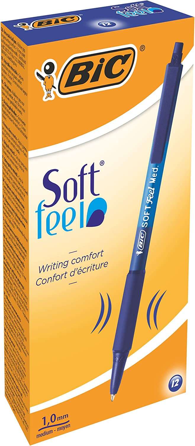 Caixa 12 Canetas Esferográfica Retrátil Bic Soft Feel - Ponta Média de 1mm - Corpo Translúcido com Grip - Azul