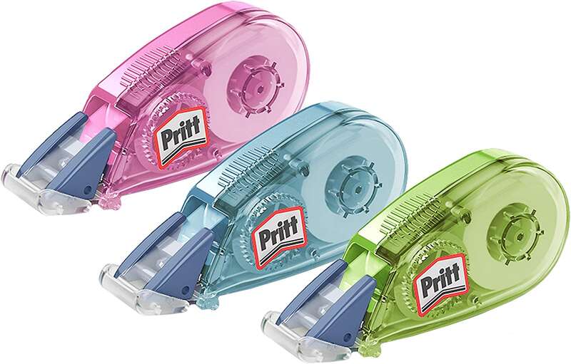 Caixa 15 Unidades - Fita Corretora Pritt Micro Roller 5mm x 6m - Aplicação Limpa - Precisa - Reciclável - Azul, Verde e Rosa
