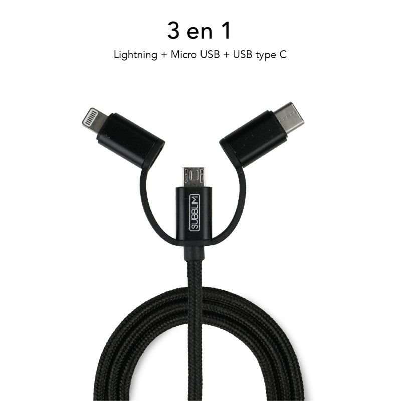Carregador de isqueiro Subblim Dual USB - 1 m de comprimento - Carregamento rápido até 2.400 A/12 W - Exterior em fibra de nylon durável - Preto