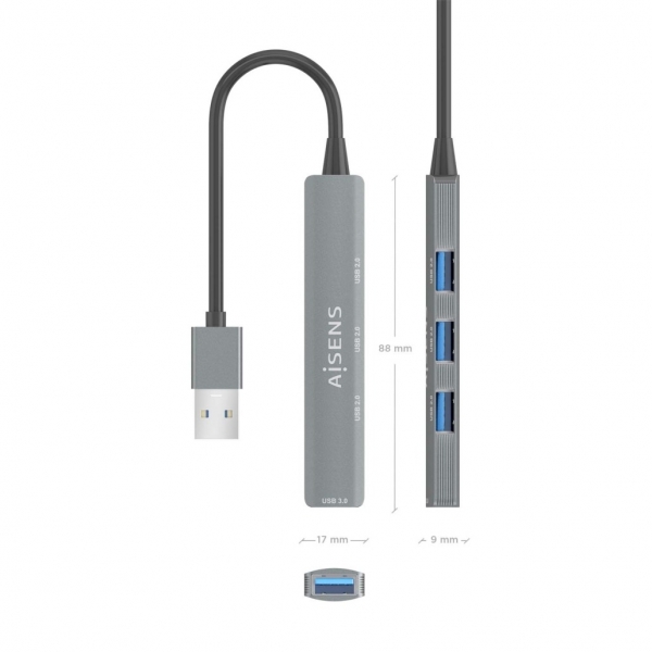 Hub USB Aisens Ultra Slim em Alumínio - 1xUSB3.0 + 3xUSB2.0 - Alta Velocidade 5 Gbps - Alimentado por Barramento USB - Cinzento