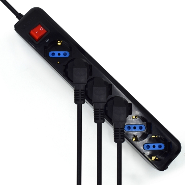 Tomada de linha Ewent - 6 tomadas - Versão Schuko - 16A com interruptor on/off - Proteção contra sobrecarga - Cabo de 1,5 m - Preto