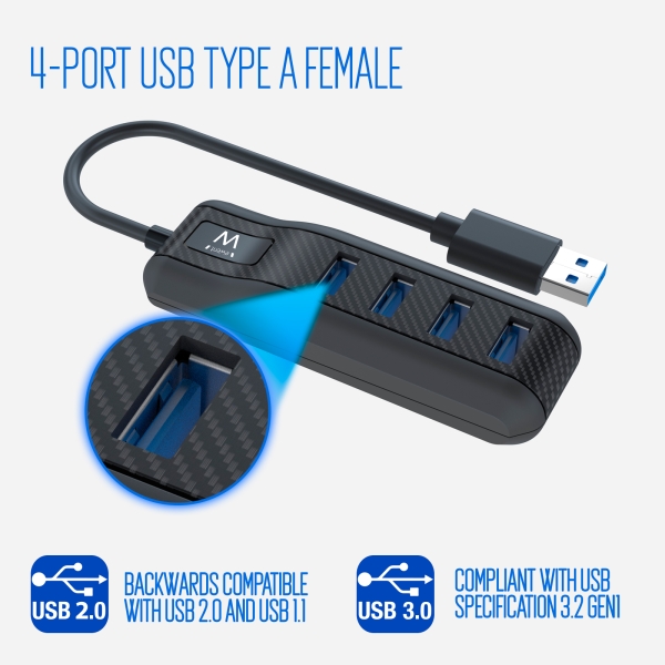 Hub USB 3.2 Ewent EW1138 de 4 portas - Comprimento do cabo 15 cm - Velocidade máxima de transferência 5Gps - Preto
