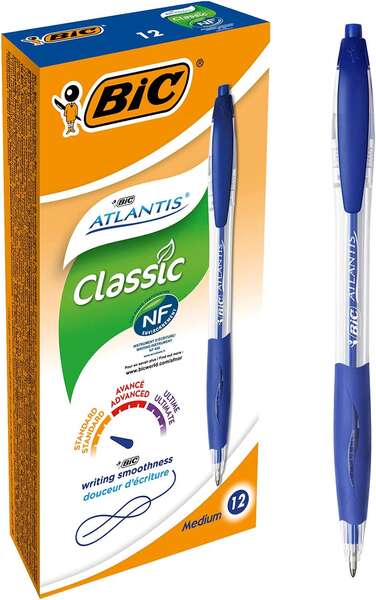 Caixa 12 Canetas Esferográfica Retrátil Bic Atlantis Classic - Ponta de 1 mm - Corpo Transparente com Grip - Azul
