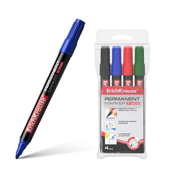 Marcadores Permanentes Erichkrause P-200 - Ponta em Bala - Resistente a Danos e Abrasão - Largura de Escrita 0,8 a 2,2 mm - Preto, Azul, Verde, Vermelho