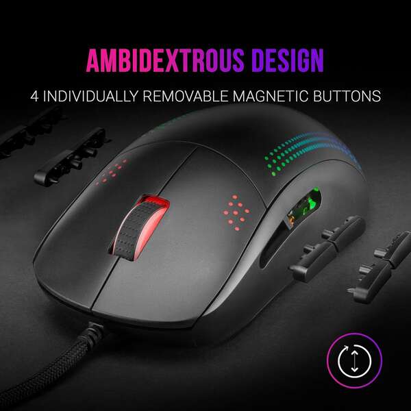 Rato ambidestro profissional Mars Gaming MMPRO 32K DPI - Design ambidestro ultraleve - Iluminação Chroma RGB - Interruptores mecânicos KAILH - Cabo Feather Paracord - Preto