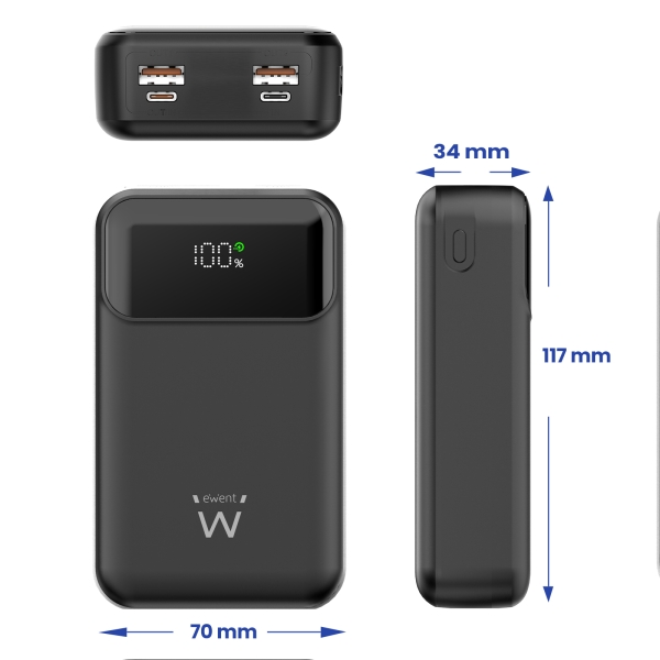 Powerbank Ewent EW1164 20000mAH 65W PD - USB-A, USB-C - Display LED - Cor Preto